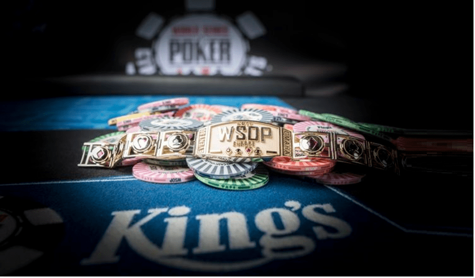 WSOP bracelets on a poker table