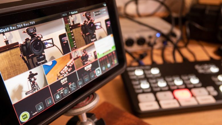 screen with a bunch of filming equipment ready for video shoot