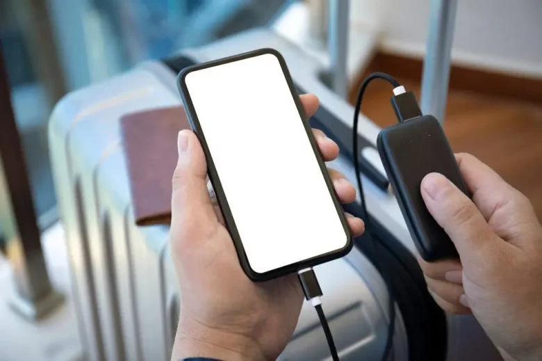 a portable phone charger connected to a phone with a white screen