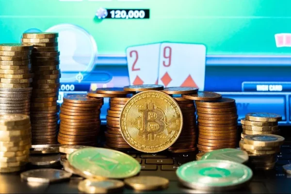 A bitcoin in front of a stack of coins and an online poker site