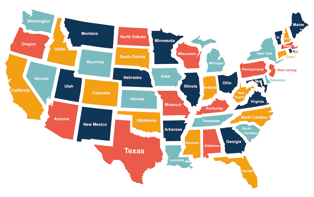 Colorful USA map with states