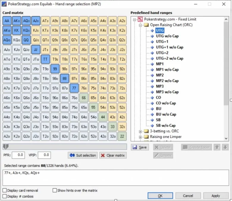 Screenshot of a poker range chart