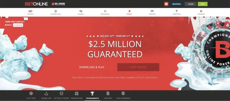 A screenshot of BetOnline homepage