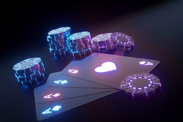 4 glowing playing cards of aces and chips