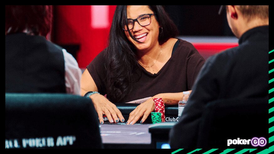Angela Jordison playing at a poker table.