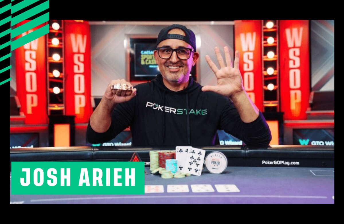 Poker player Josh Arieh holds up his WSOP bracelet in his right hand and has hang spread out on left hand to show that he has won hiss 5th WSOP Bracelet.