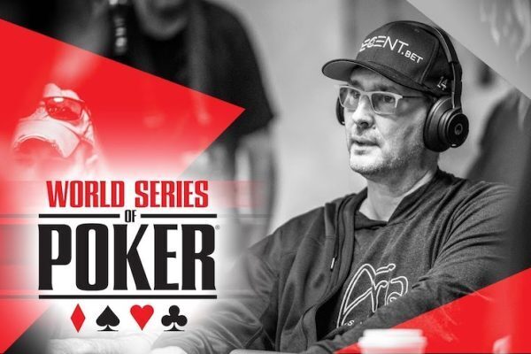 Phil Hellmuth Wearing Headphones on a WSOP Background
