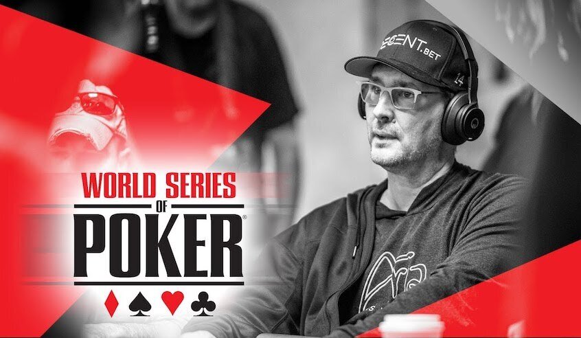 Phil Hellmuth Wearing Headphones on a WSOP Background