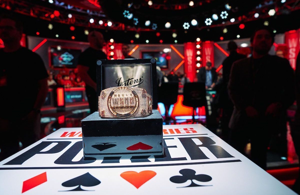The 2023 WSOP Bracelet on a stand