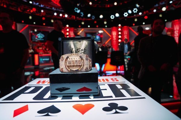 The 2023 WSOP Bracelet on a stand