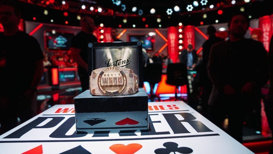 The 2023 WSOP Bracelet on a stand