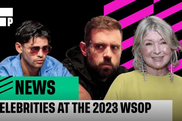 Ryan Garcia, Adam 22, and Martha Stewart featured at the 2023 WSOP event. The photo displays the celebrities against a black background with a white logo in the top left corner and a hot pink grid on the right-hand side. The caption mentions 'NEWS: Celebrities at the 2023 WSOP