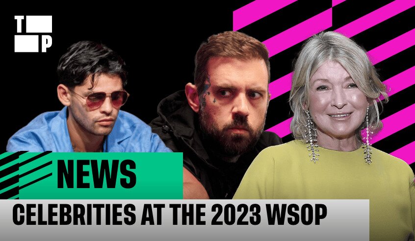 Ryan Garcia, Adam 22, and Martha Stewart featured at the 2023 WSOP event. The photo displays the celebrities against a black background with a white logo in the top left corner and a hot pink grid on the right-hand side. The caption mentions 'NEWS: Celebrities at the 2023 WSOP