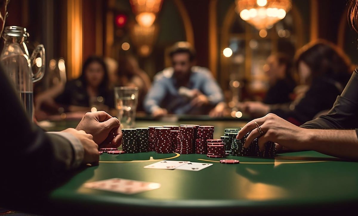 High Stakes Poker game with chips, cards, and hands in view