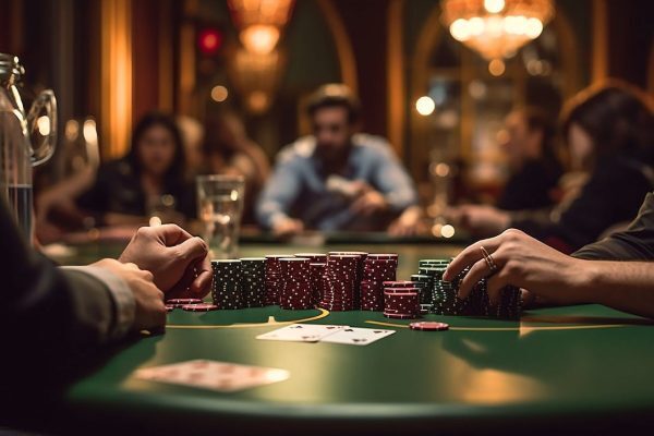 High Stakes Poker game with chips, cards, and hands in view