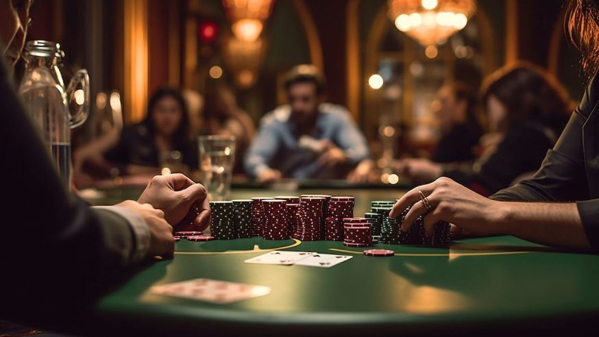 High Stakes Poker game with chips, cards, and hands in view