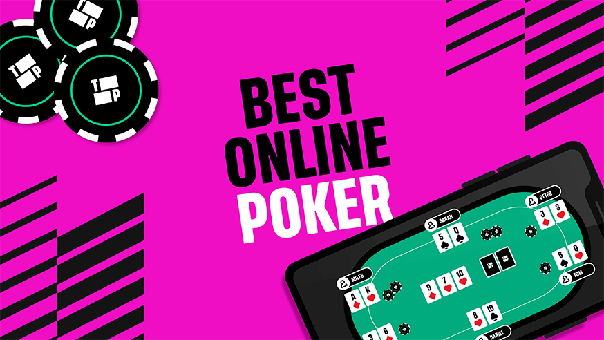 Best Online Poker in text with poker chips and an arial view of a poker table.