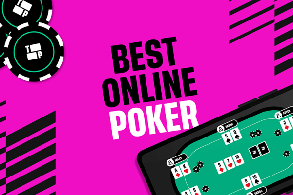 Best Online Poker in text with poker chips and an arial view of a poker table.