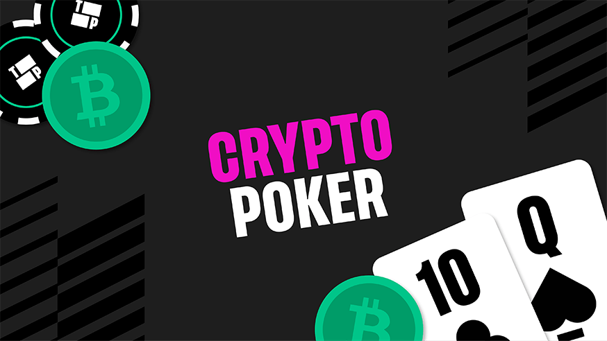 Crypto Poker in text with poker chips and playing cards.
