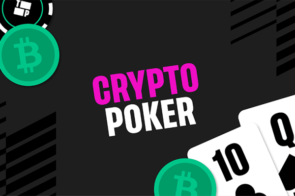 Crypto Poker in text with poker chips and playing cards.