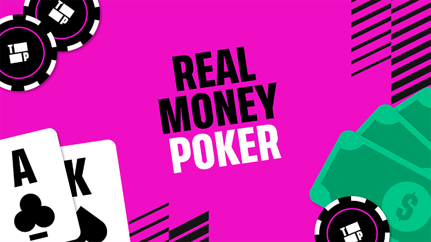 Real Money Poker in text with poker chips, playing cards and money features.