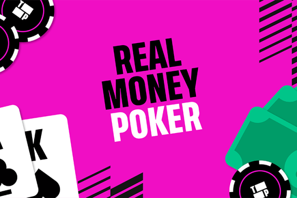 Real Money Poker in text with poker chips, playing cards and money features.