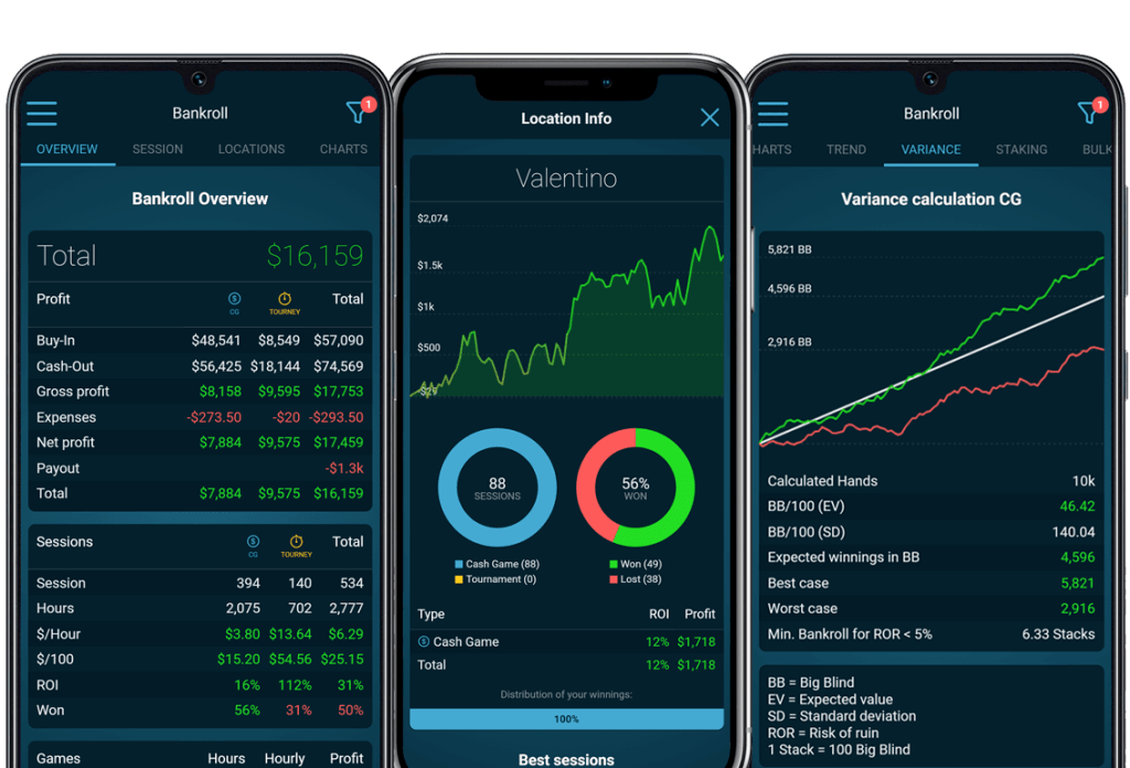 3 Phones with Poker Income Bankroll Tracker app running