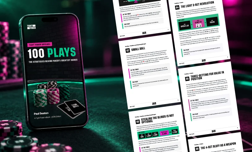Smartphone displaying the Tight Poker “100 Plays” poker strategy guide beside preview pages