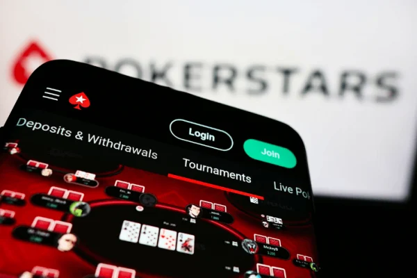 PokerStars online poker tournament displayed on a smartphone.